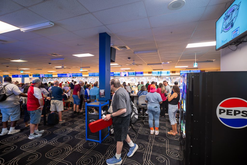 The crowd watches on as the bowling action continues. There was games all throughout the day with opening and closing ceremonies for each time slot.