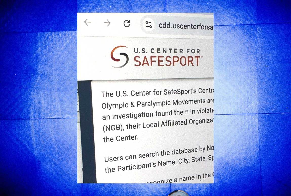 Website screenshot from the U.S. Center for SafeSport superimposed over a brightly lit photo of a gymnasium floor.