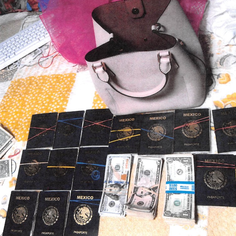 Fifteen Mexican passports and stacks of U.S. currency on a patchwork blanket in front of a pink purse.