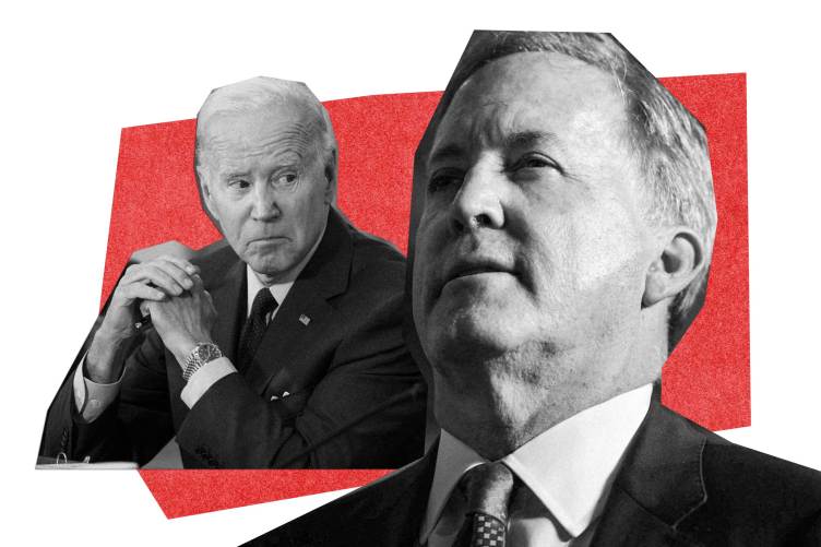 A digital collage set against a red background shows former U.S. President Joe Biden sitting with clasped hands on the left, alongside a low-angle portrait of Texas Attorney General Ken Paxton looking upward on the right. 