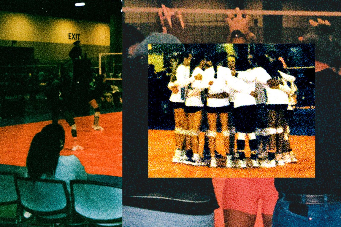 A photo collage features a heavily pixelated image of a volleyball team huddling together, set over a background showing an indoor volleyball match on the left and players reaching up near the net on the right.