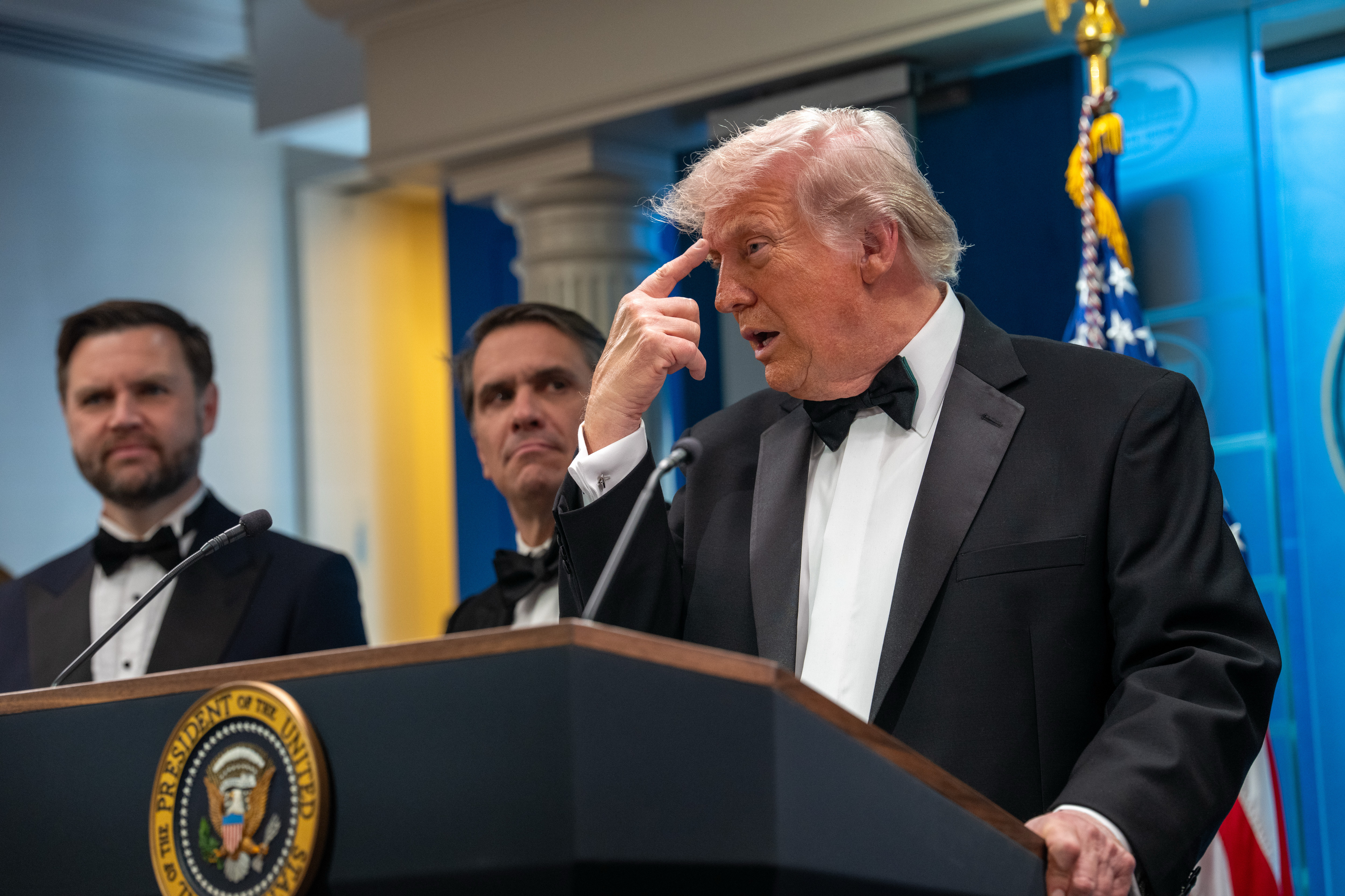 WASHINGTON, DC - APRIL 25:  U.S. President Donald Trump speaks during a press conference in the Brady Briefing Room of the White House on April 25, 2026 in Washington, DC. President Trump is making a statement after the cancelation of the annual White House Correspondents Association Dinner after a possible shooting.(Photo by Andrew Leyden/Getty Images)