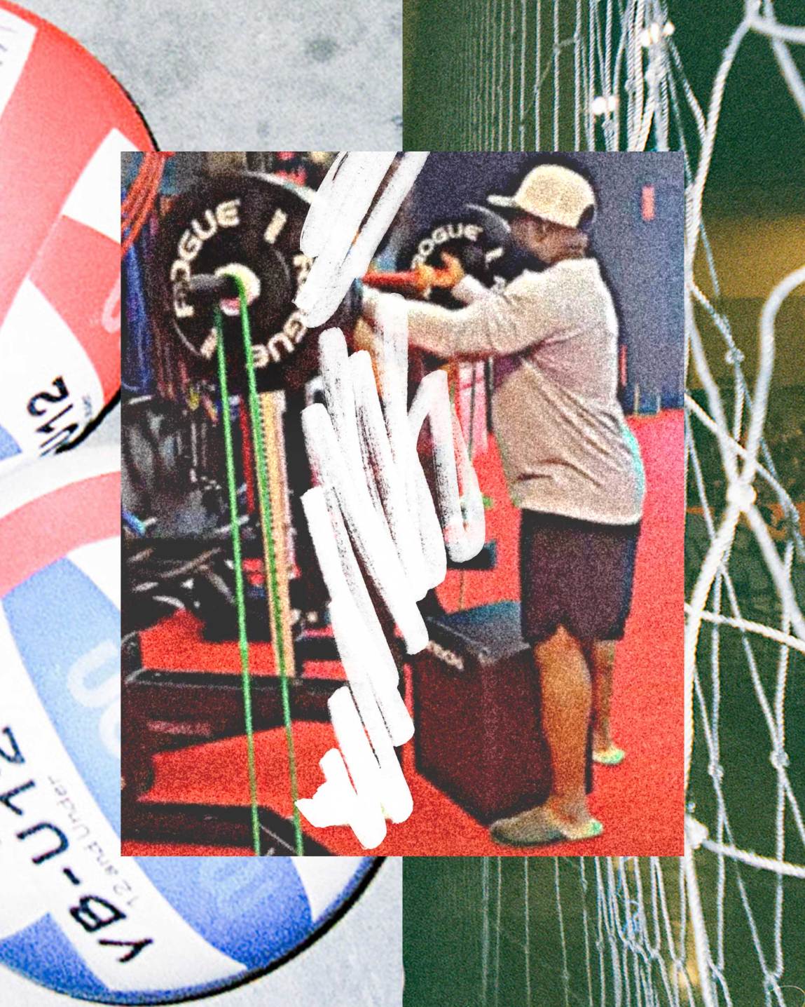 A collage featuring a photo of a man wearing a baseball cap spotting a weighted bench press bar for a teen girl, who has been redacted by an opaque white marker scribble, adjacent to a photo of two volleyballs touching superimposed over a photo of a volleyball net.
