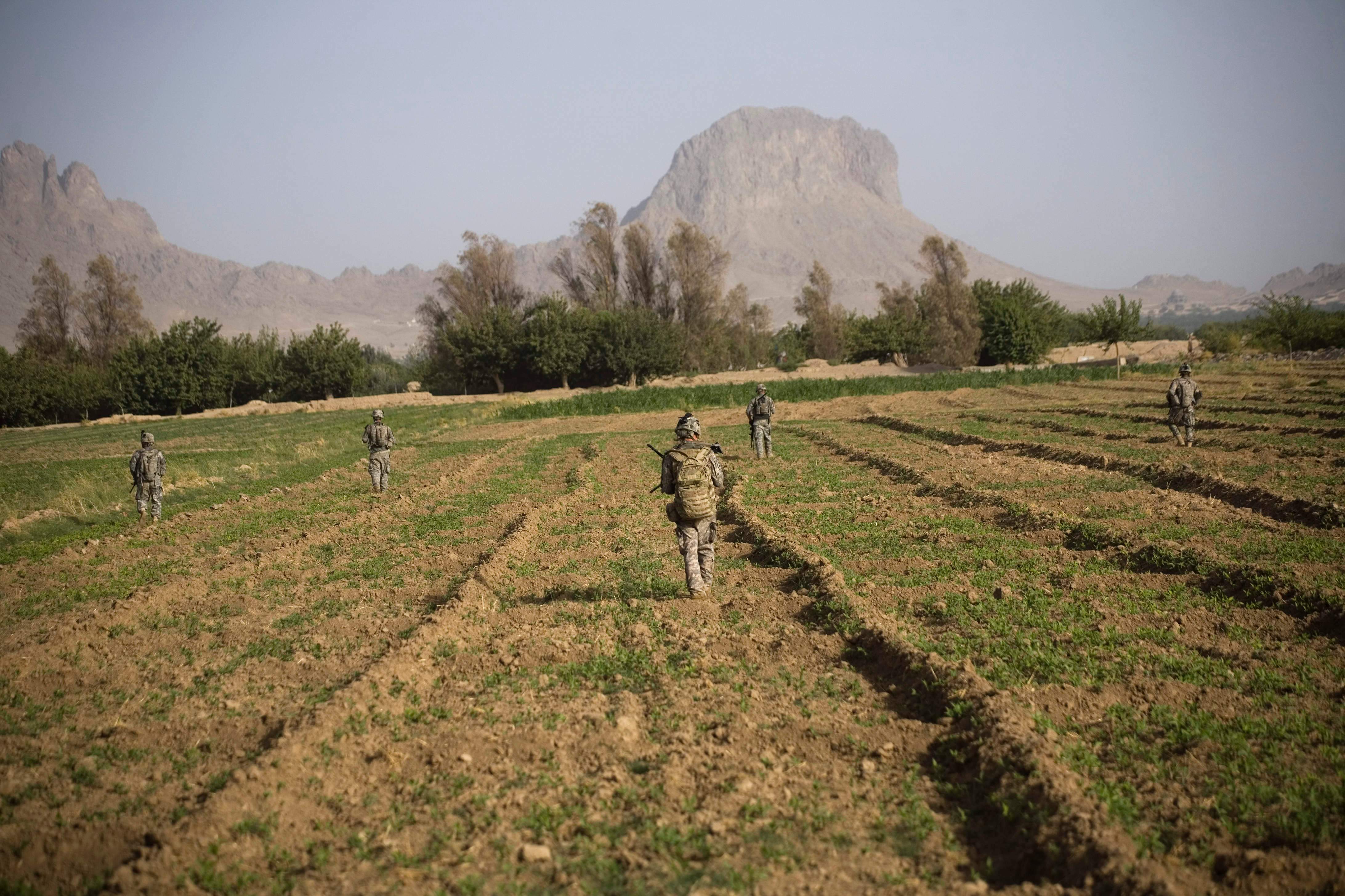 US soldiers from the 1-320th Alpha Battery, 2nd Brigade of the 101st Airborne Division, patrol near COP Nolen, in the volatile Arghandab Valley, Kandahar, Afghanistan, Monday, July 26, 2010. (AP Photo/Rodrigo Abd)
