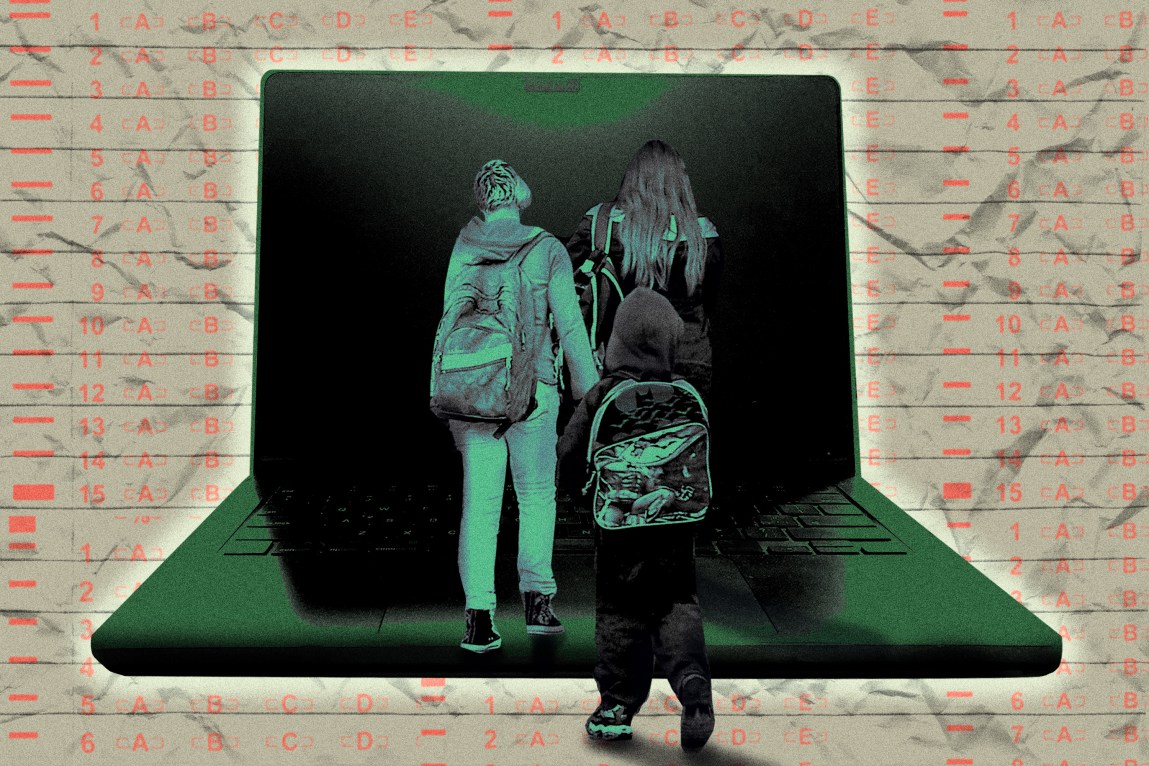 Three children wearing backpacks step into a larger-than-life laptop computer. The background is a crumpled standardized, multiple-choice test.