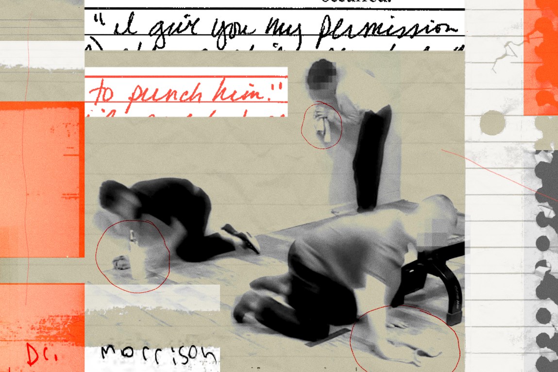 A collage featuring two children scrubbing the floor on their hands and knees and one child standing and scrubbing a wall. All of the children’s faces are unidentifiable. Text reads: “I give you my permission to punch him” and “Dr. Morrison.” 