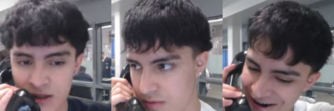 A three-paneled sequence shows a young man with dark hair speaking on a black landline telephone. Across the frames, his expressions shift from focused to serious to smiling, captured inside what appears to be a visitation room with a window in the background.