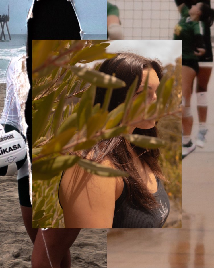 A photo collage features a center inset of a woman with dark hair partially obscured by leafy foliage, flanked on the left by a photo of a person holding a volleyball on a beach, where the face and torso have been torn away to display an anonymous black void, and on the right by volleyball players in action during a match beneath a red banner reading “one team.”