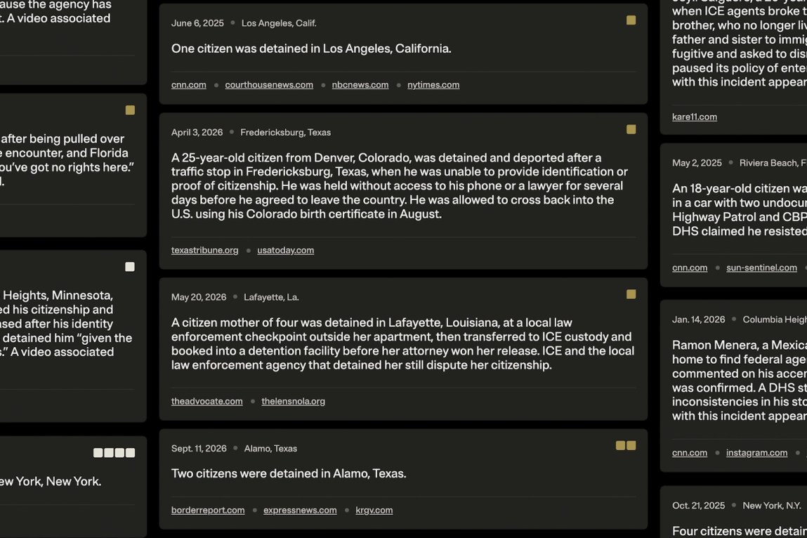 A grid of digital cards displaying text describing incidents where U.S. citizens were detained or questioned by immigration agents. Visible examples include a 25-year-old citizen detained and deported after a traffic stop and a mother of four detained outside her apartment and handed over to ICE.