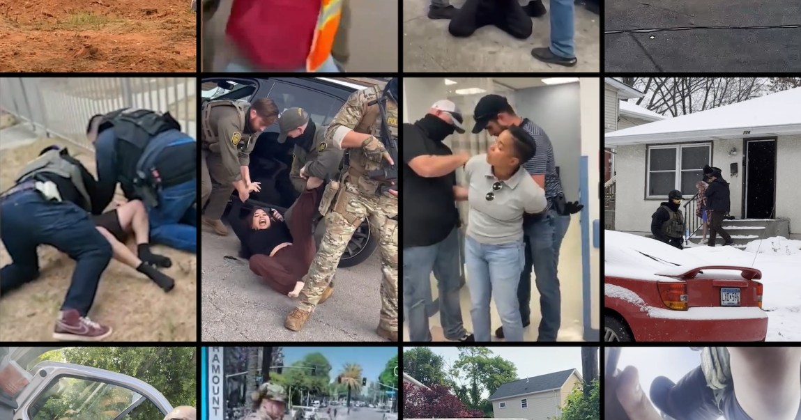 A photo grid displays multiple video thumbnails showing law enforcement officers detaining, arresting and apprehending individuals in various indoor and outdoor settings.