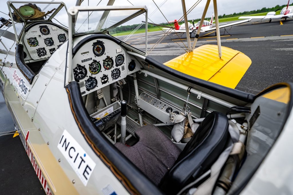 A look inside the cockpit of the 1942 Boeing Stearman biplane.