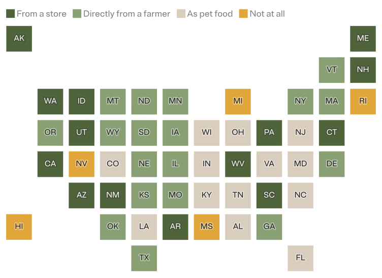 A cartogram showing the easiest way a casual consumer can buy raw milk in each state. Raw milk can be purchased from a retail store in Alaska, Maine, New Hampshire, Washington, Idaho, Utah, Pennsylvania, Connecticut, California, West Virginia, Arizona, New Mexico, South Carolina and Arizona. Raw milk can be purchased directly from a farmer in Vermont, Montana, North Dakota, Minnesota, New York, Massachusetts, Oregon, Wyoming, South Dakota, Iowa, Nebraska, Illinois, Delaware, Kansas, Missouri, Oklahoma, Georgia and Texas. Raw milk can be purchased as pet food in Wisconsin, Ohio, New Jersey, Colorado, Indiana, Virginia, Maryland, Kentucky, Tennessee, North Carolina, Louisiana, Alabama and Florida. Raw milk can be purchased with a doctor’s prescription in Rhode Island, or as part of a herd-share program in Michigan, and cannot be purchased at all in Nevada, Hawaii or Mississippi.