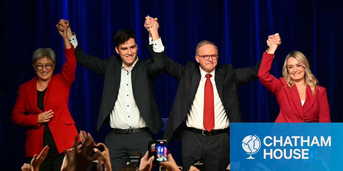 Australian prime minister Anthony Albanese celebrates with foreign minister Penny Wong, his son, and his partner after winning the federal election in May 2025.