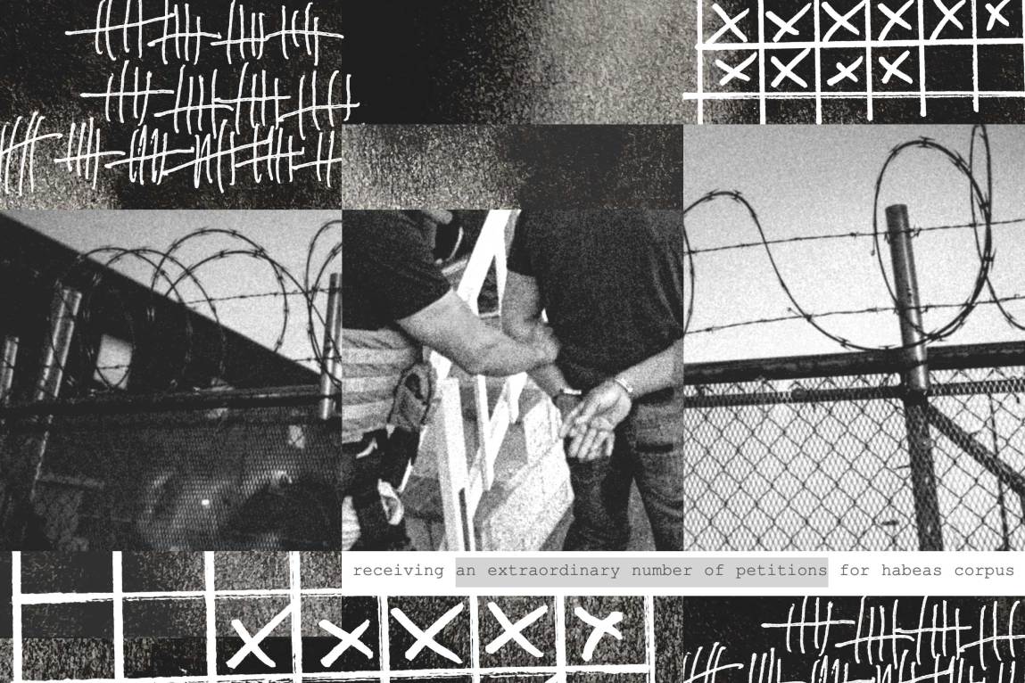 A black-and-white photo collage depicts a person in handcuffs surrounded by razor-wire fences, tally marks, calendar-like grids, and a strip of typed text reading “receiving an extraordinary number of petitions for habeas corpus.”