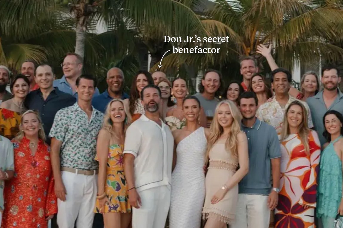 A group photo shows about 35 people, including Donald Trump Jr.; his wife, Bettina Anderson; Ivanka Trump; Jared Kushner; Tiffany Trump; and Russian oligarch Umar Kremlev.