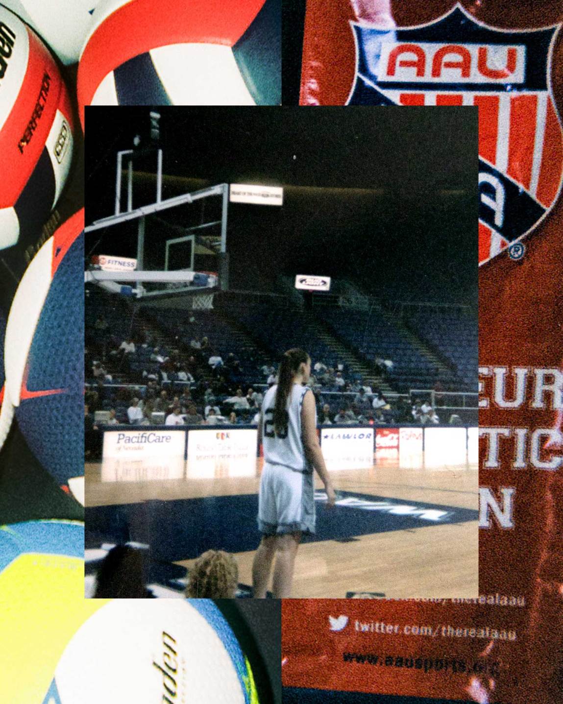 Photo collage that combines a center inset photo of a female basketball player standing on a court in a large arena; a close-up pile of yellow, blue and red volleyballs on the left; and a vertical banner displaying the Amateur Athletic Union logo on the right.