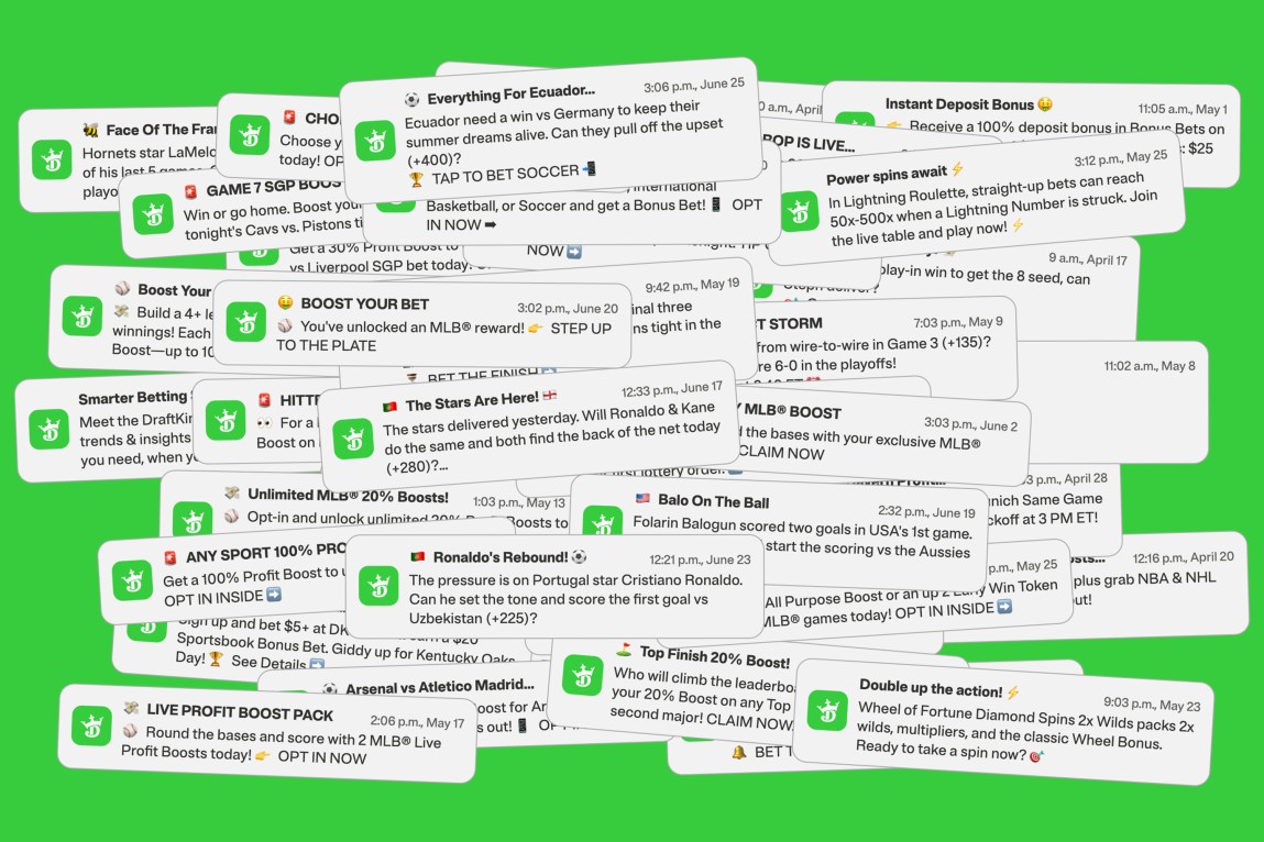 Layers of phone notifications from DraftKings, each offering a specific promotion or “Boost.”