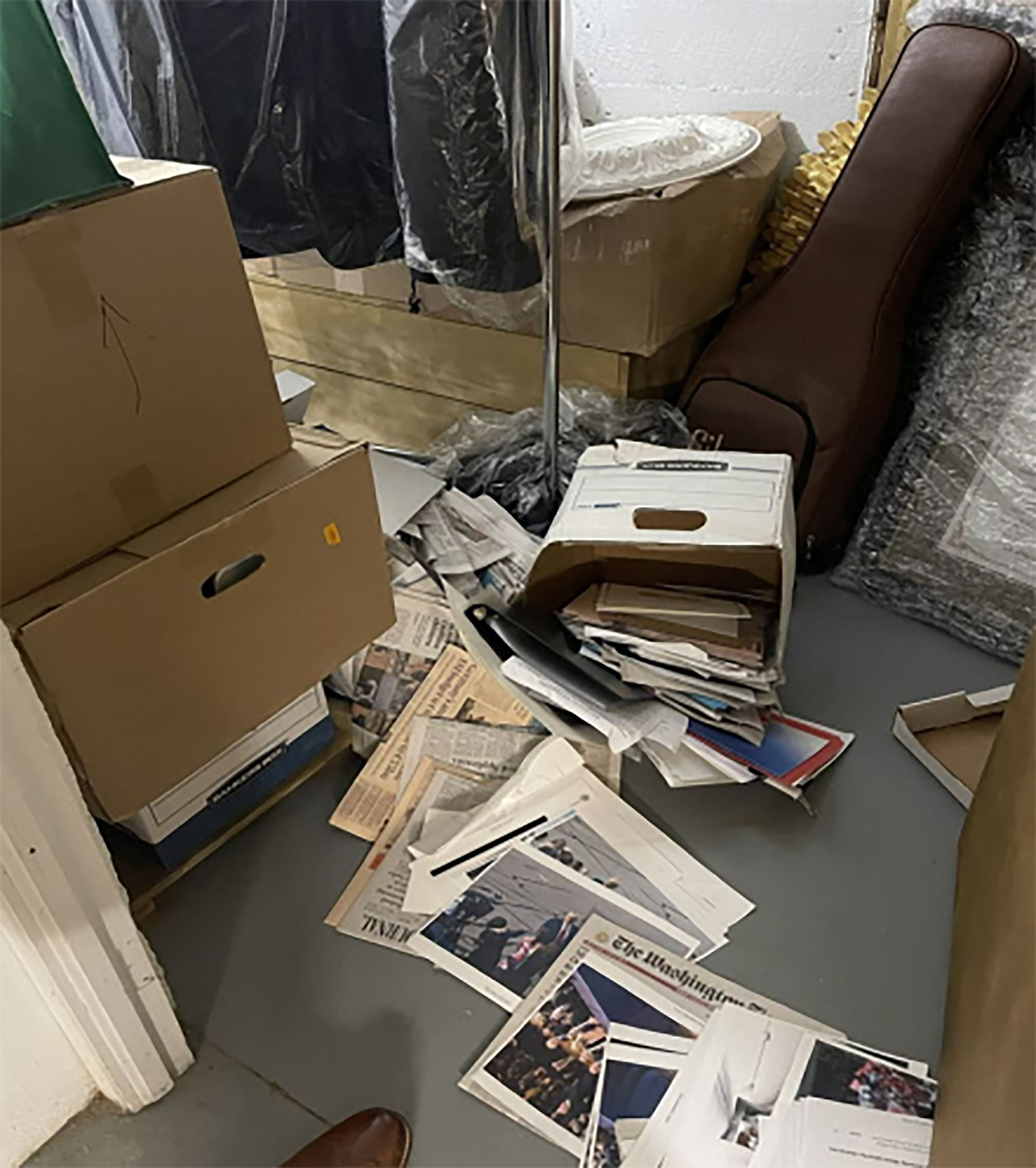 PALM BEACH, FLORIDA - UNSPECIFIED: In this handout photo provided by the U.S. Department of Justice, stacks of boxes can be observed at former U.S. President Donald Trump's Mar-a-Lago estate in Palm Beach, Florida. Former U.S. President Donald Trump has been indicted on 37 felony counts in the special counsel's classified documents probe. (Photo by U.S. Department of Justice via Getty Images)