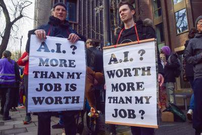 Protesters gather with anti-AI placards outside OpenAI offices in London. Photo: Vuk Valcic / SOPA Images / LightRocket via Getty Images.