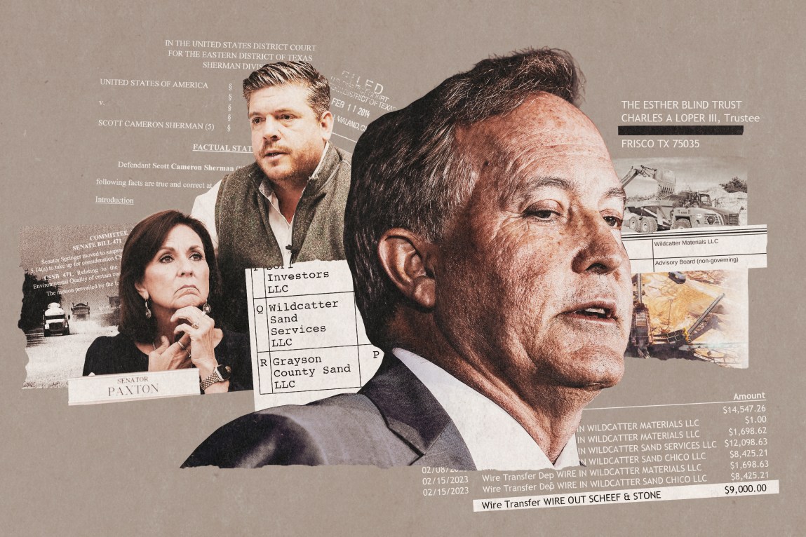 A photo collage featuring a large portrait of Ken Paxton on the right alongside portraits of Angela Paxton and Scott Sherman. The background includes overlays of court documents from U.S. District Court, legal papers addressed to Esther Blind Trust and financial snippets listing entities like Wildcatter Sand Services LLC and photos of industrial earthmoving equipment.
