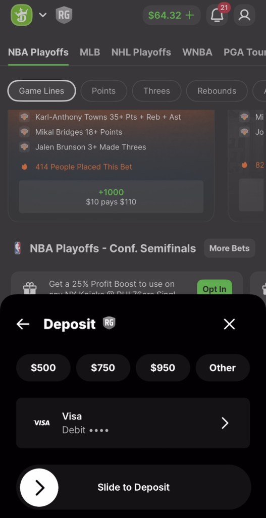 A dropdown menu reads “Deposit” and shows dollar amounts for $500, $750, $950 and Other, along with a “Slide to Deposit” button.
