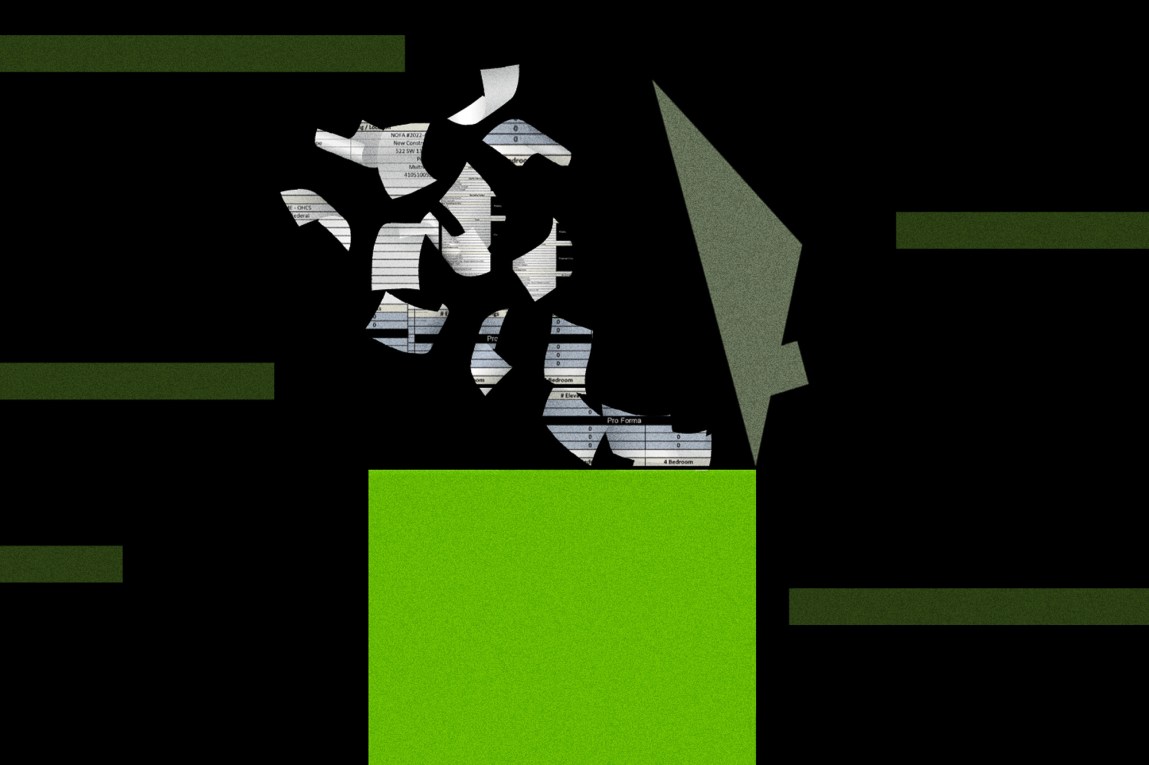 An illustration of a green house with an open roof. Papers with housing records are flying out of the top of the house.